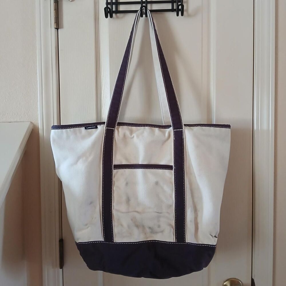 Distressed Lands' End Large Nautical Canvas Boat Tote Beach Bag Zip Closure Top